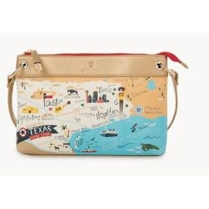 Spartina 449 Texas Crossbody Bag Blue Map‎ Print Faux Leather Accent Zip Pocket